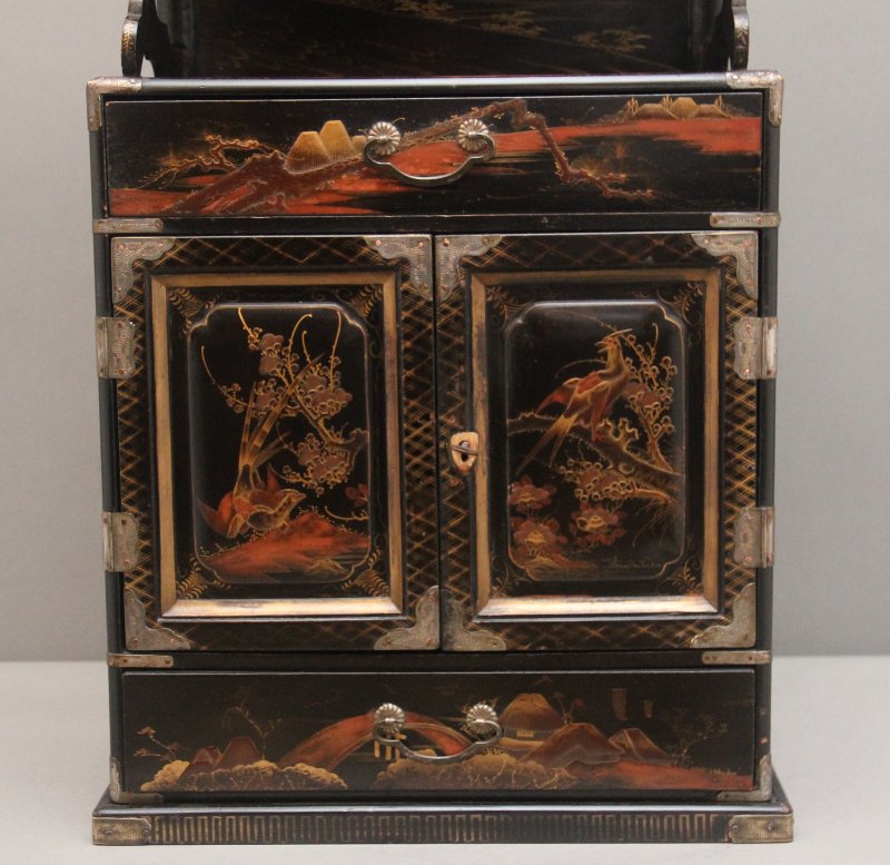 19th Century black lacquered and painted table cabinet