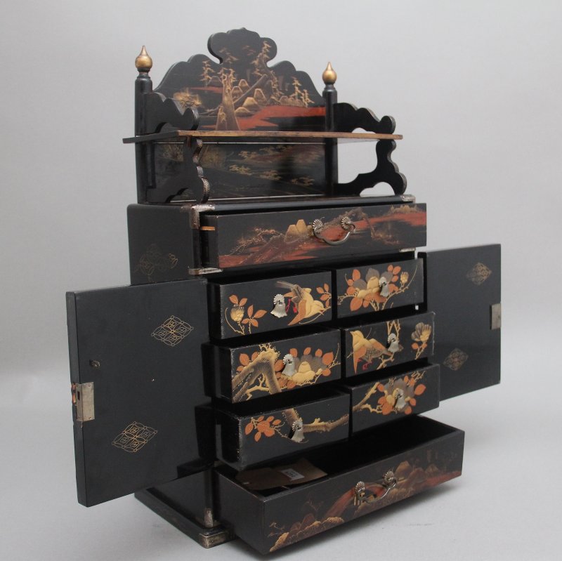 19th Century black lacquered and painted table cabinet