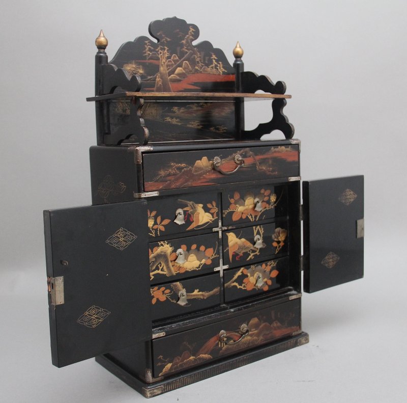 19th Century black lacquered and painted table cabinet