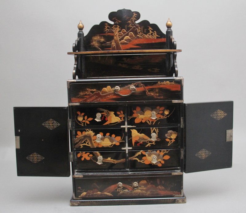 19th Century black lacquered and painted table cabinet