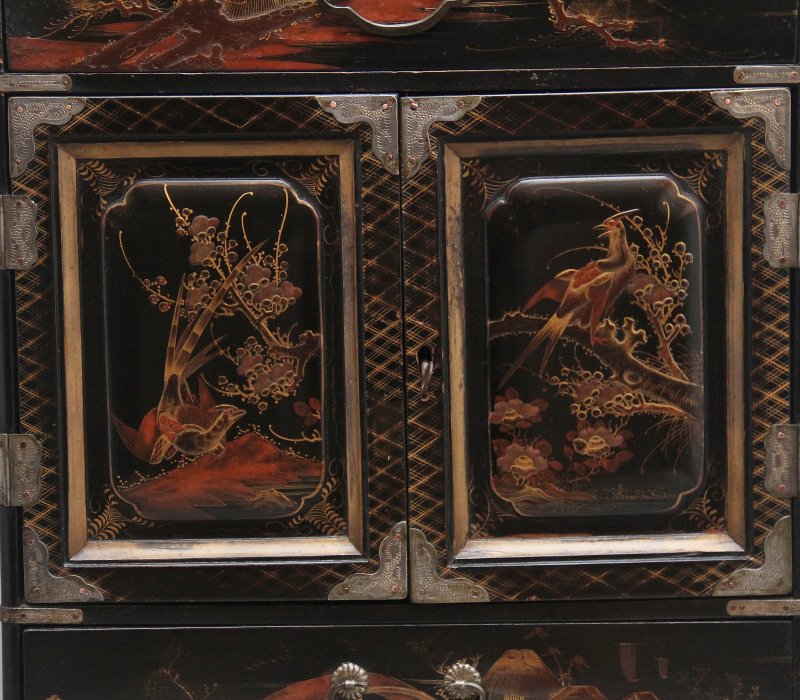 19th Century black lacquered and painted table cabinet