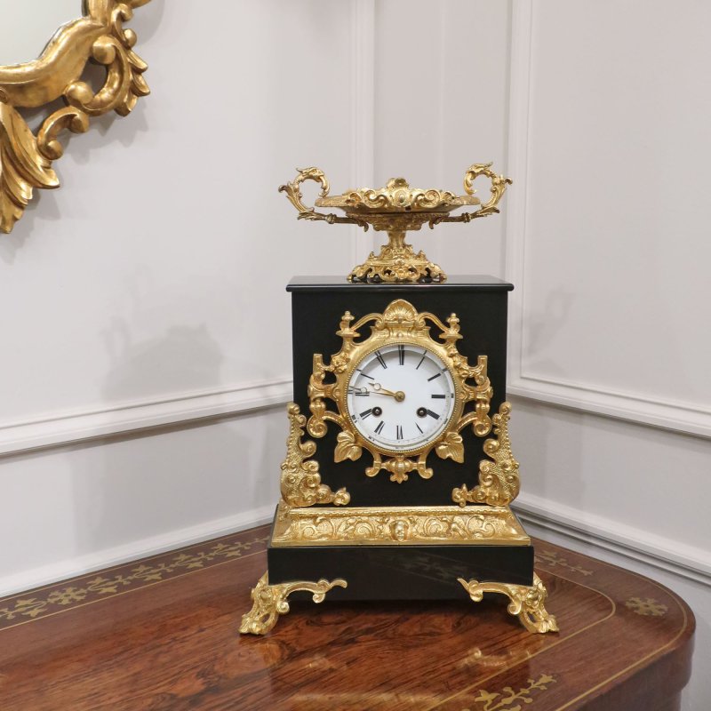 French Rococo Style Black Slate Mantel Clock by Japy Freres