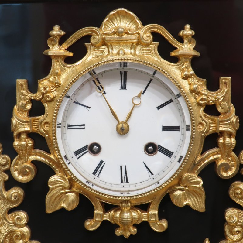 French Rococo Style Black Slate Mantel Clock by Japy Freres