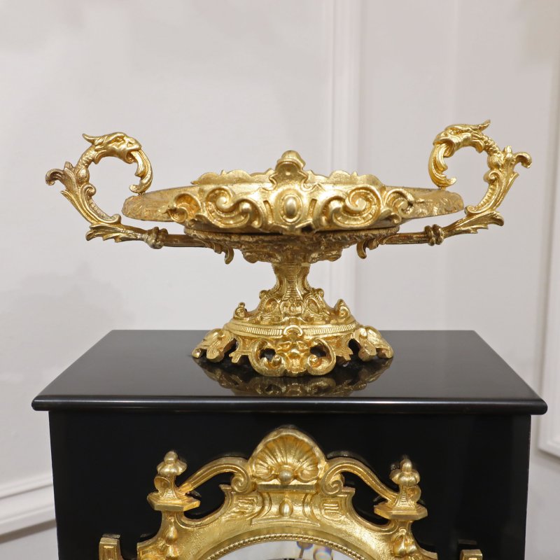 French Rococo Style Black Slate Mantel Clock by Japy Freres