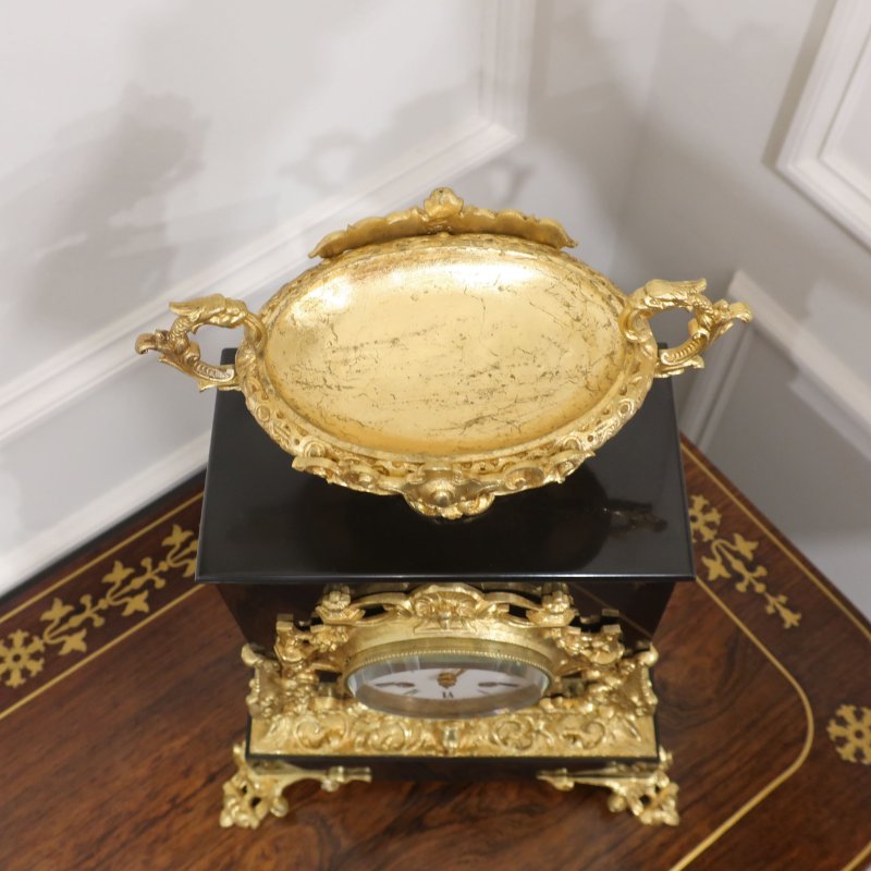 French Rococo Style Black Slate Mantel Clock by Japy Freres