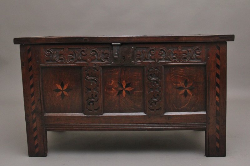 18th Century carved and inlaid oak coffer