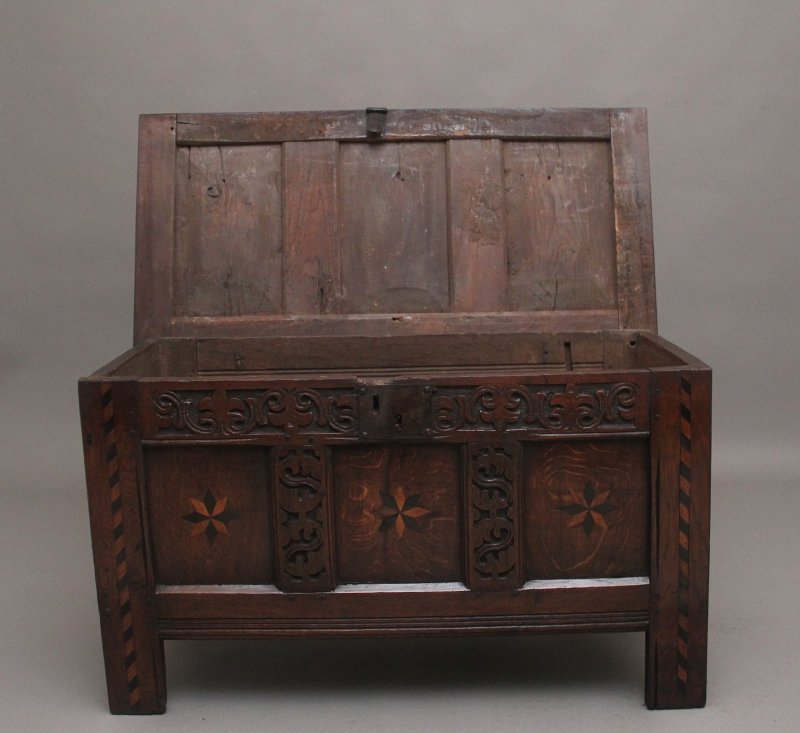 18th Century carved and inlaid oak coffer