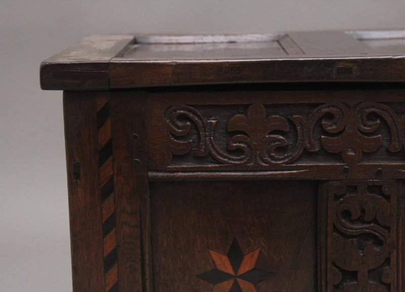 18th Century carved and inlaid oak coffer