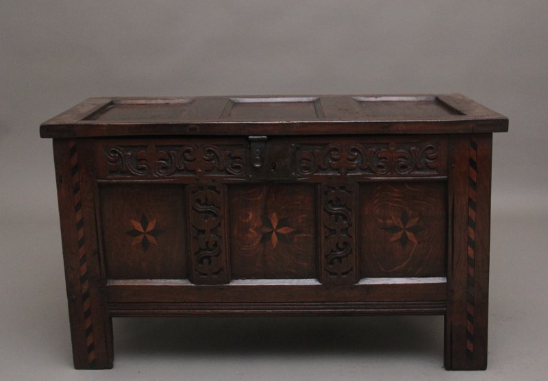 18th Century carved and inlaid oak coffer