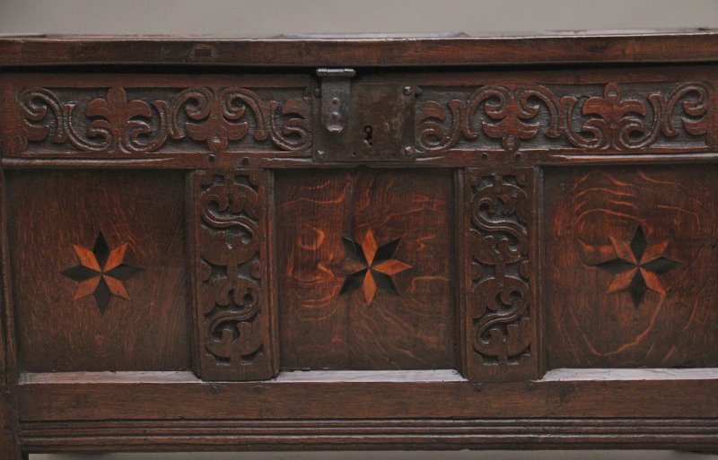 18th Century carved and inlaid oak coffer