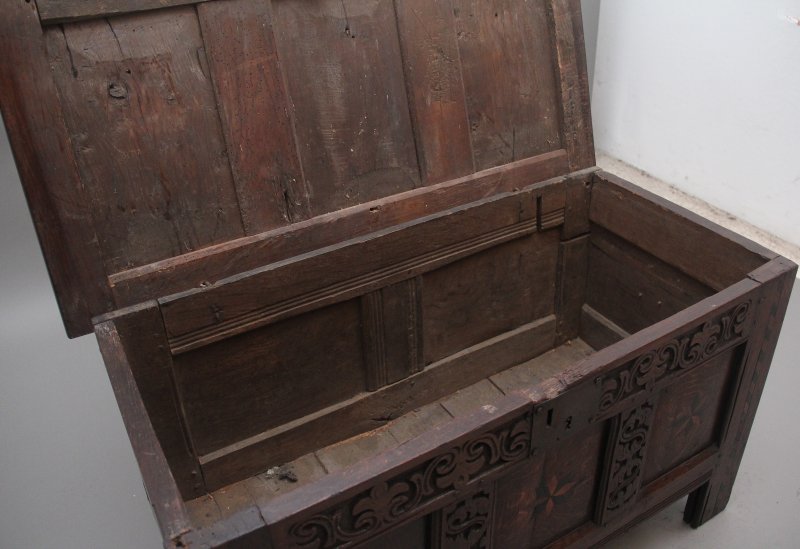 18th Century carved and inlaid oak coffer