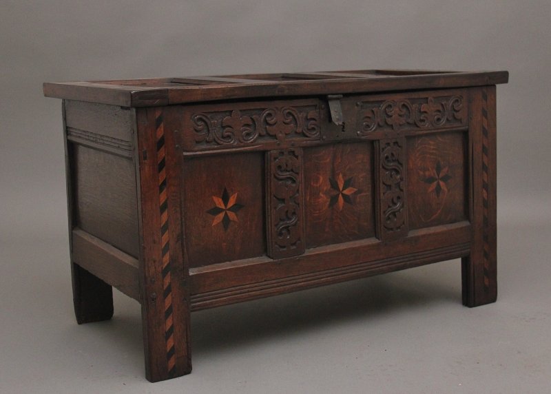 18th Century carved and inlaid oak coffer