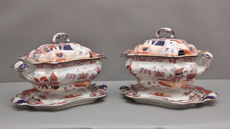 Pair 19th Century Masons iron stone tureens