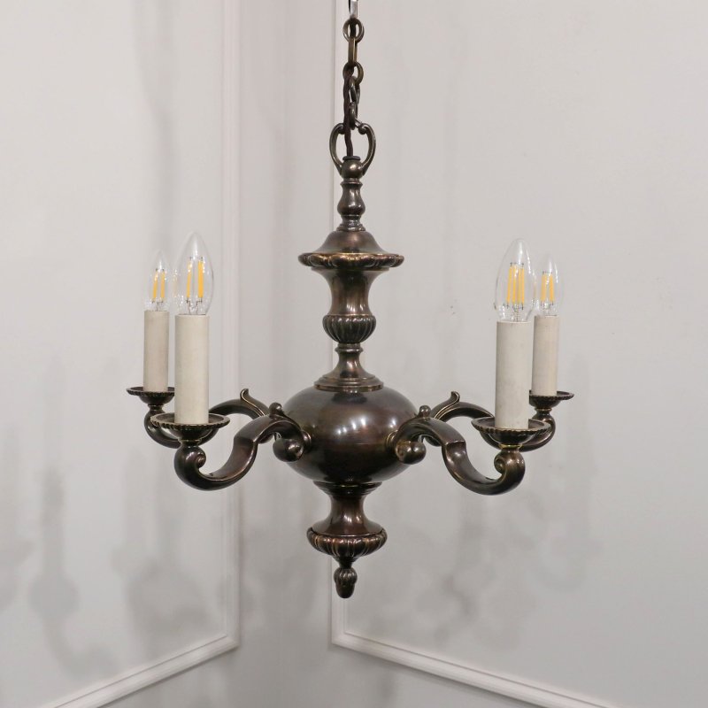 Edwardian Bronzed Five Arm Chandelier Attributed to G.E.C