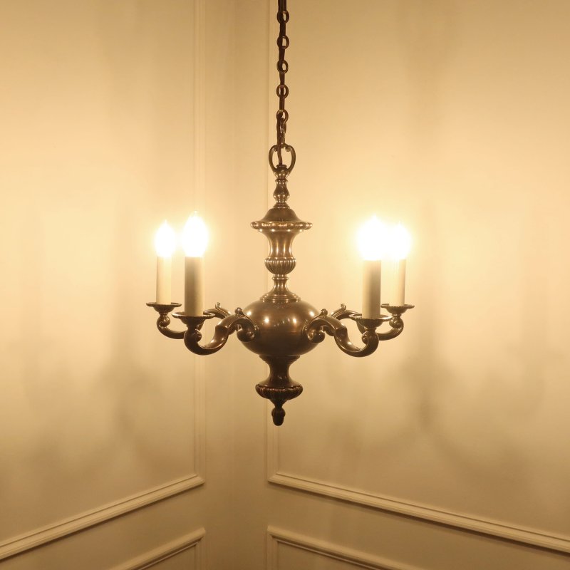Edwardian Bronzed Five Arm Chandelier Attributed to G.E.C