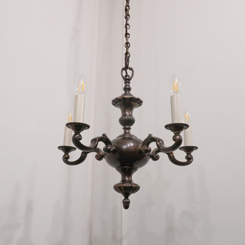 Edwardian Bronzed Five Arm Chandelier Attributed to G.E.C