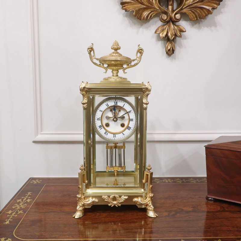 French Brass Four Glass Mantel Clock by Samuel Marti