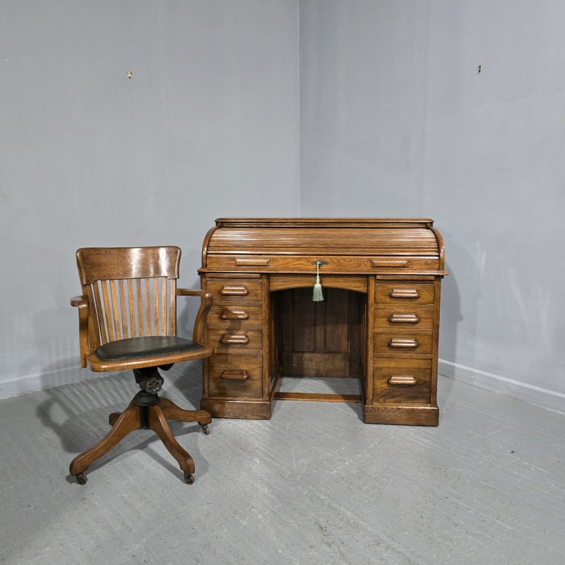 Oak Roll Top and Matching Desk Chair