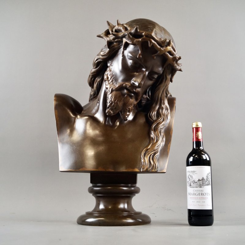 A Very Large French Patinated Bronze Bust Of Jesus Christ