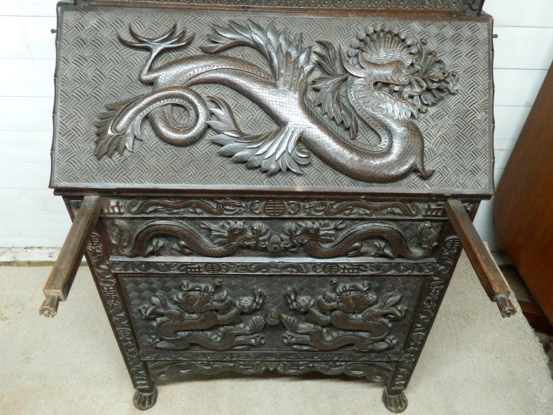 Antique Chinese Dragon Carved Bureau