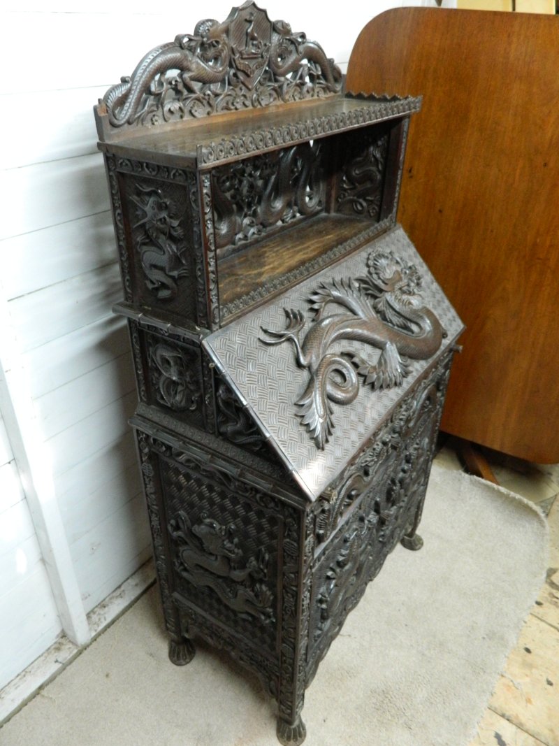 Antique Chinese Dragon Carved Bureau