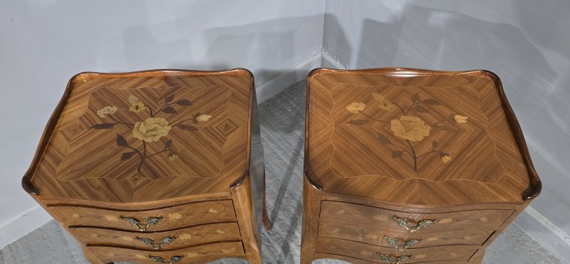 Super Pair French Marquetry Bedside Chests of Drawers