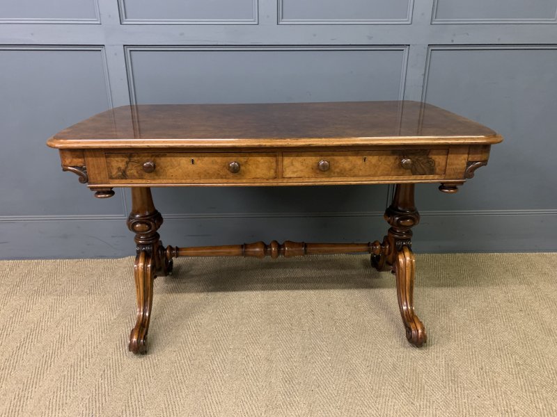 Victorian Burr Walnut Library Table by W J Mansell