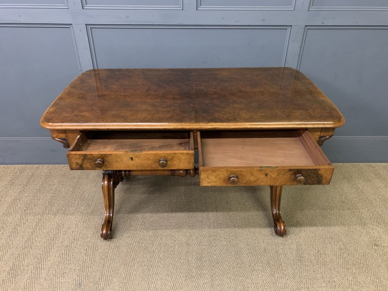 Victorian Burr Walnut Library Table by W J Mansell