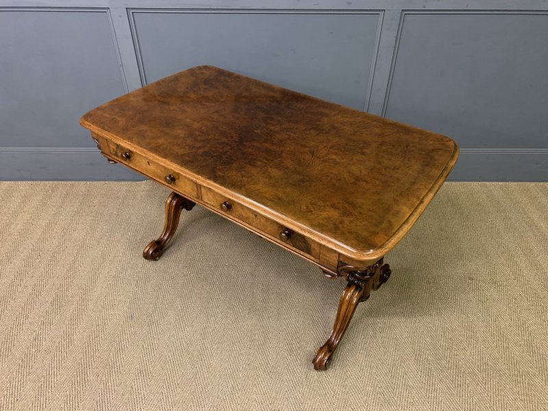 Victorian Burr Walnut Library Table by W J Mansell