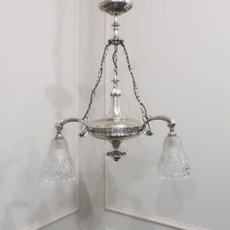 Edwardian Silver Chandelier with Crystal Shades Attributed to Osler