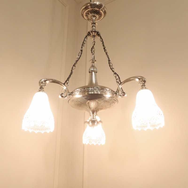 Edwardian Silver Chandelier with Crystal Shades Attributed to Osler