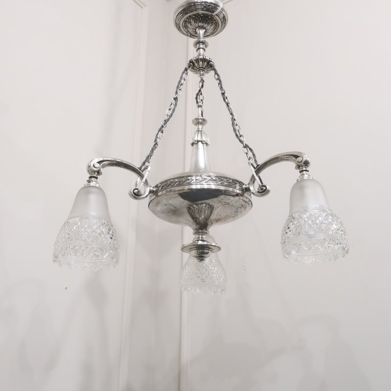 Edwardian Silver Chandelier with Crystal Shades Attributed to Osler