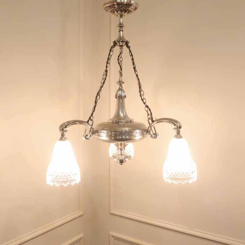 Edwardian Silver Chandelier with Crystal Shades Attributed to Osler