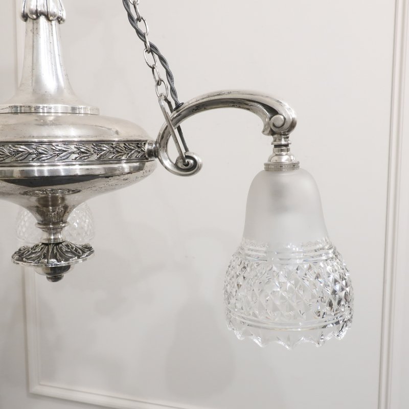 Edwardian Silver Chandelier with Crystal Shades Attributed to Osler