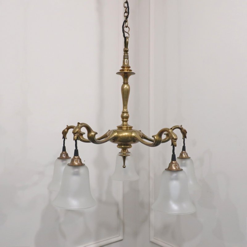 Art Nouveau Cast Bronze Chandelier with Glass Shades