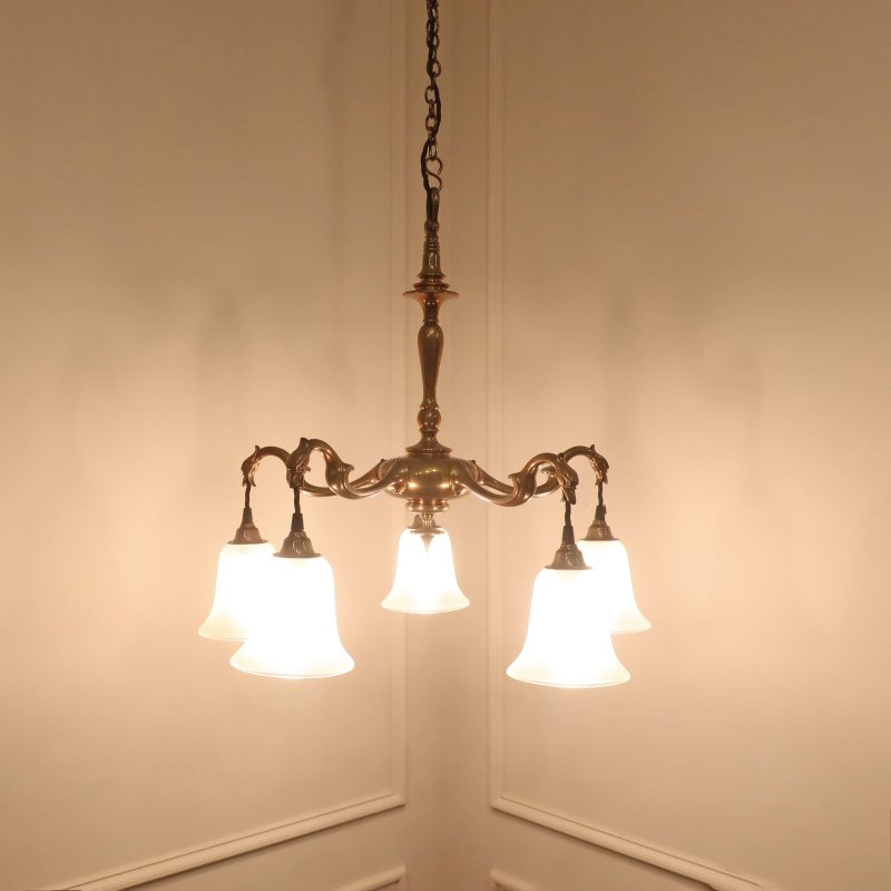 Art Nouveau Cast Bronze Chandelier with Glass Shades