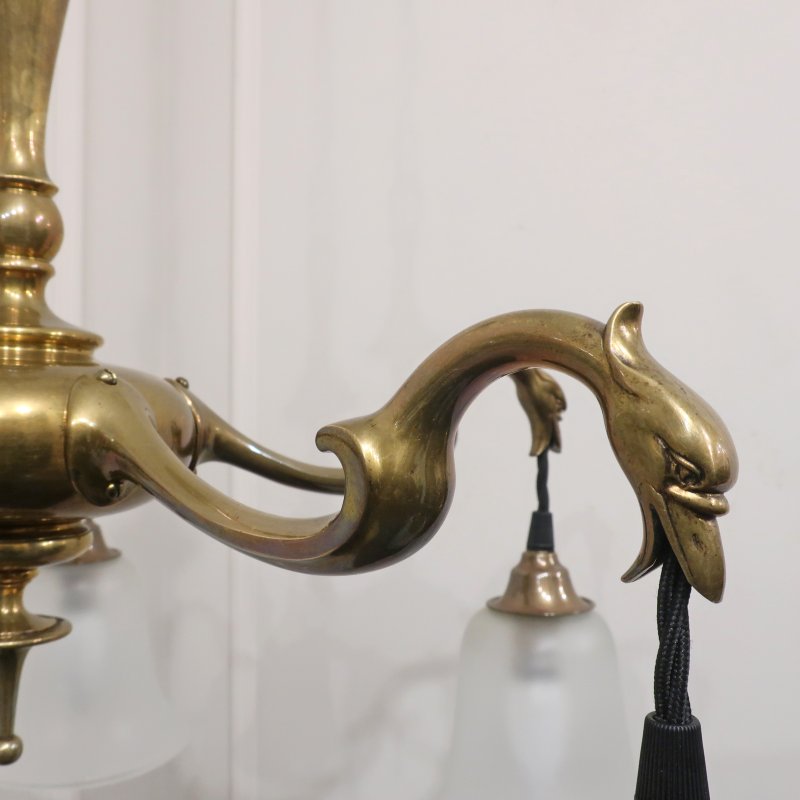 Art Nouveau Cast Bronze Chandelier with Glass Shades