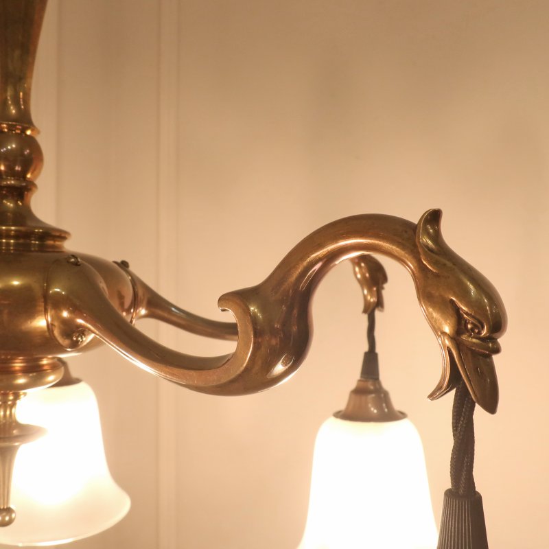 Art Nouveau Cast Bronze Chandelier with Glass Shades