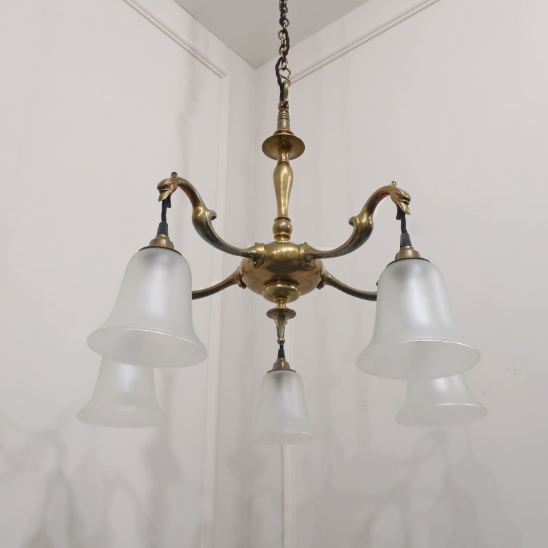 Art Nouveau Cast Bronze Chandelier with Glass Shades