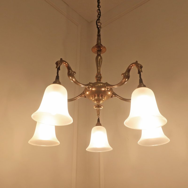 Art Nouveau Cast Bronze Chandelier with Glass Shades