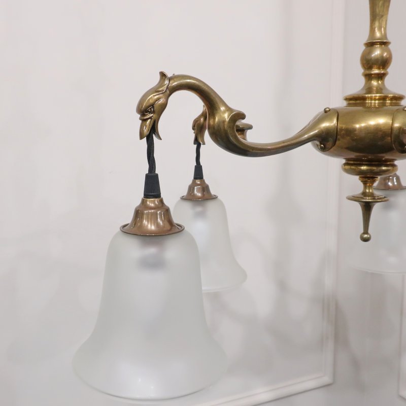 Art Nouveau Cast Bronze Chandelier with Glass Shades