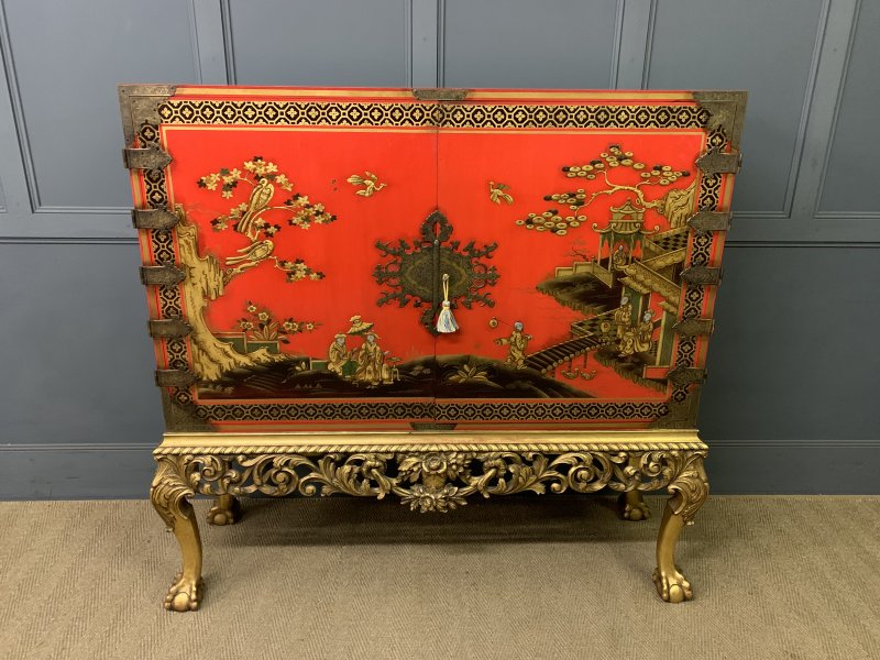 Red Lacquered Chinoiserie Cabinet on Stand