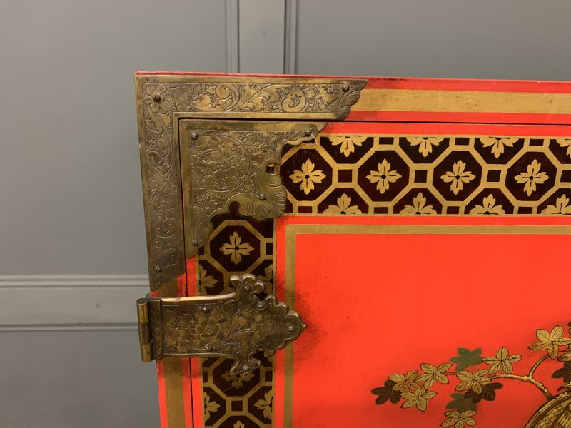 Red Lacquered Chinoiserie Cabinet on Stand
