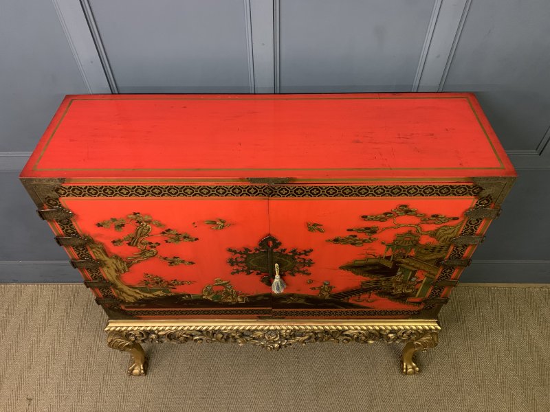 Red Lacquered Chinoiserie Cabinet on Stand
