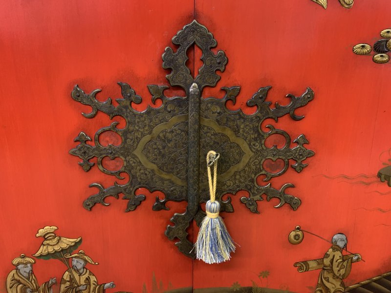 Red Lacquered Chinoiserie Cabinet on Stand
