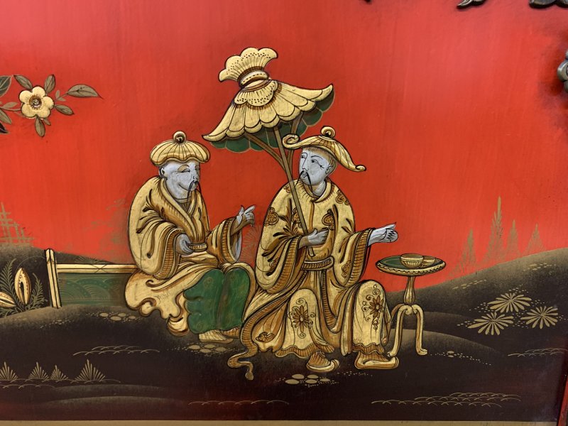 Red Lacquered Chinoiserie Cabinet on Stand