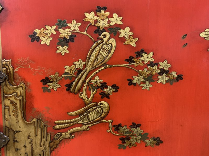 Red Lacquered Chinoiserie Cabinet on Stand