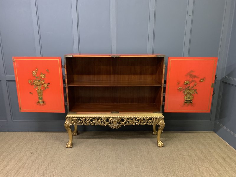 Red Lacquered Chinoiserie Cabinet on Stand