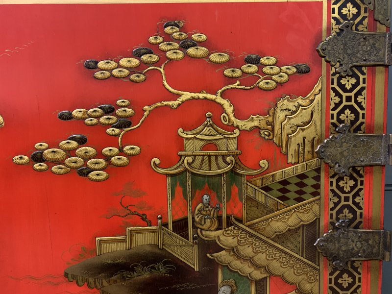Red Lacquered Chinoiserie Cabinet on Stand