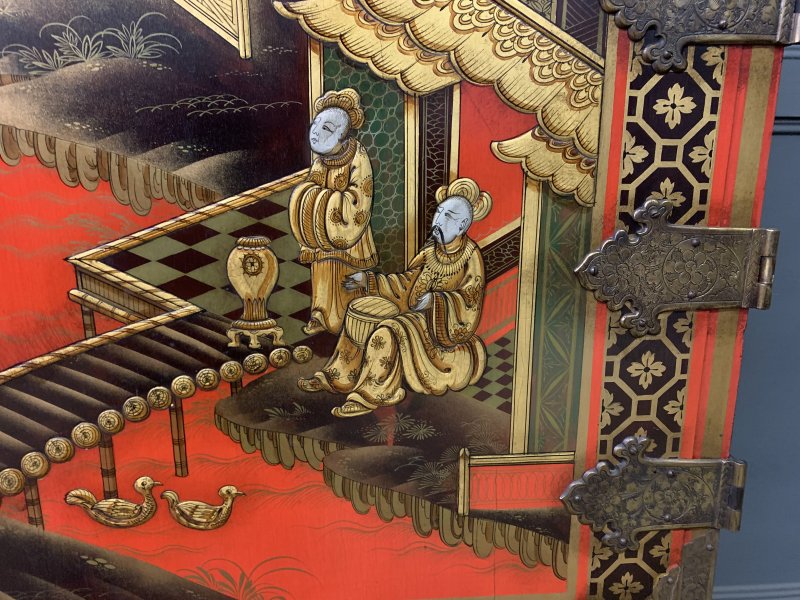 Red Lacquered Chinoiserie Cabinet on Stand